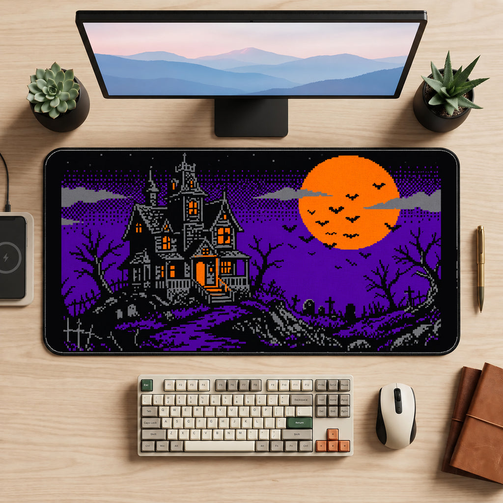 Pixel Haunted House and Orange Moon desk mat — product mockup 2