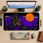 Pixel Haunted House and Orange Moon desk mat — product mockup 2