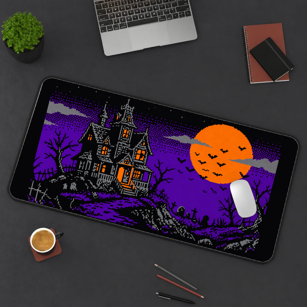 Pixel Haunted House and Orange Moon desk mat — product mockup 3