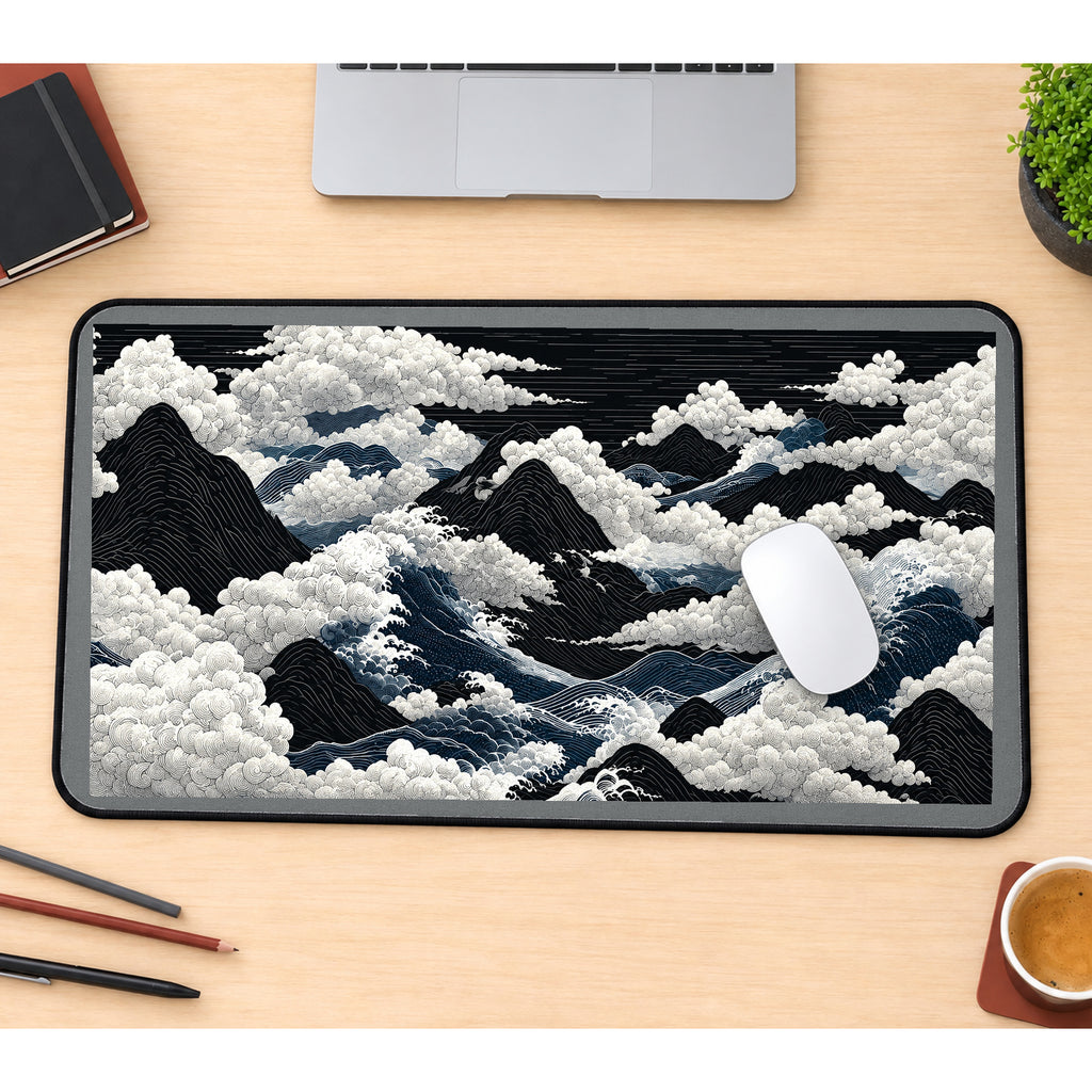 Black Mountains and White Ocean Foam desk mat — product mockup 1