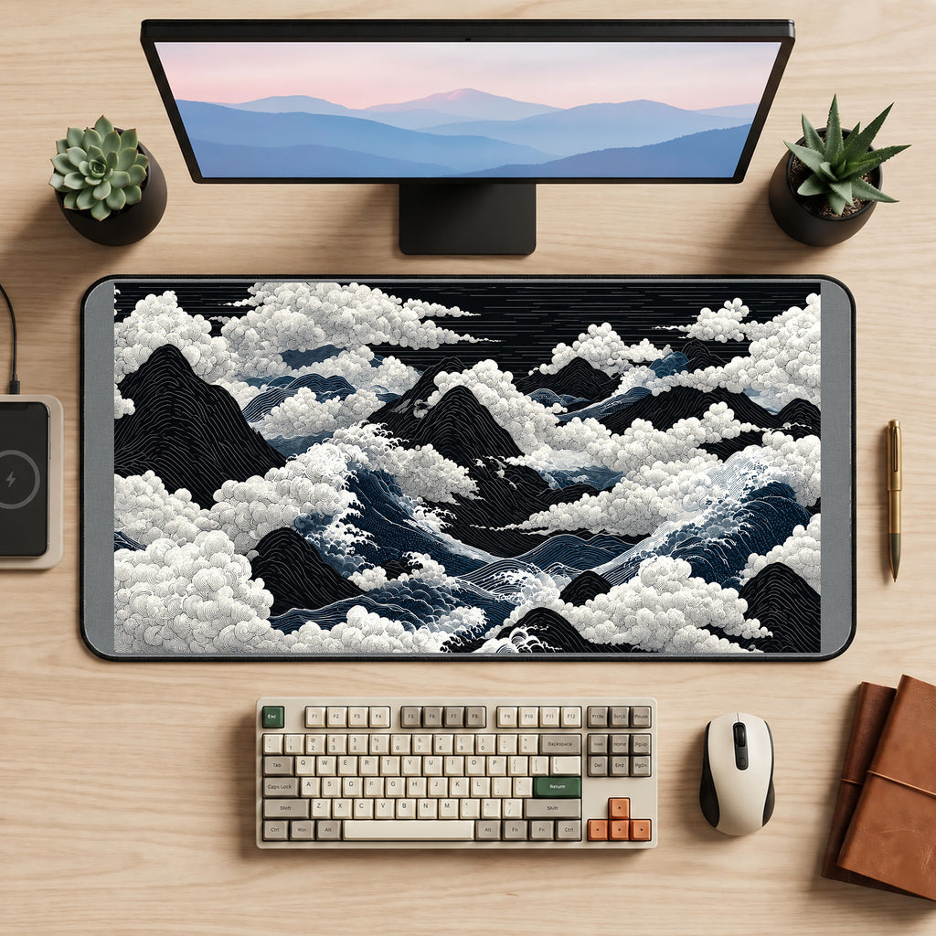 Black Mountains and White Ocean Foam desk mat — product mockup 2