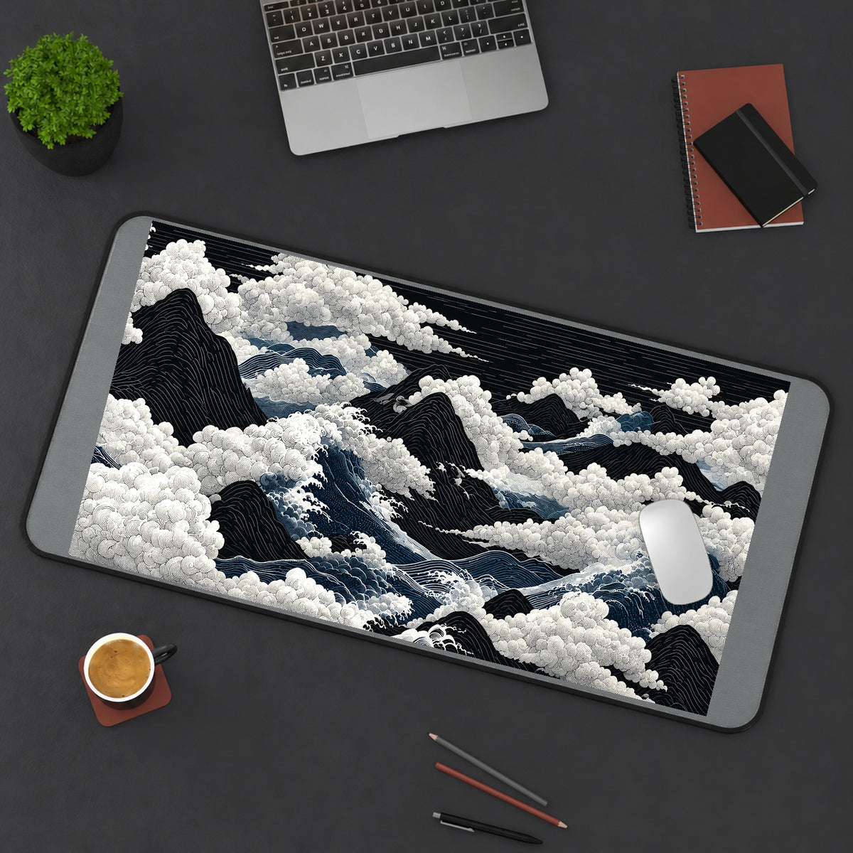 Black Mountains and White Ocean Foam desk mat — product mockup 3