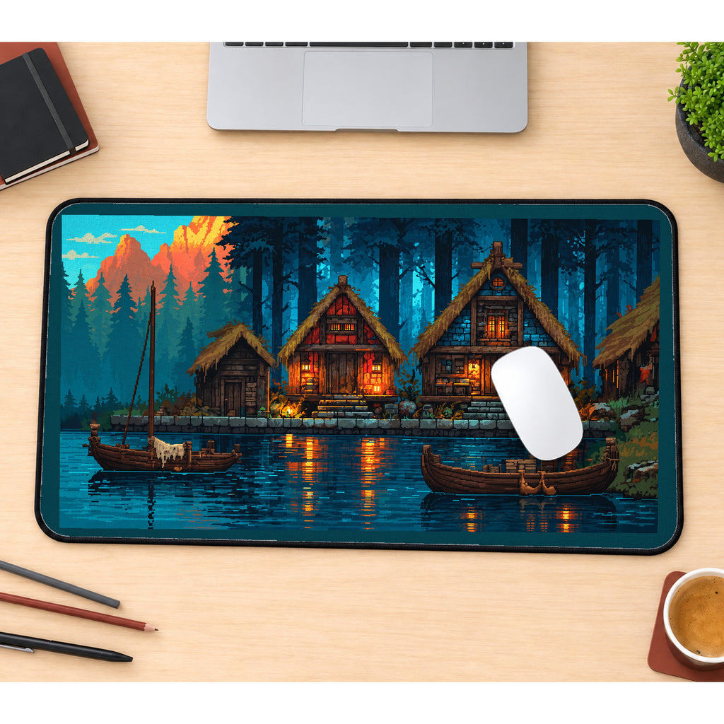 Forest Cabins beside Blue Water desk mat — product mockup 1