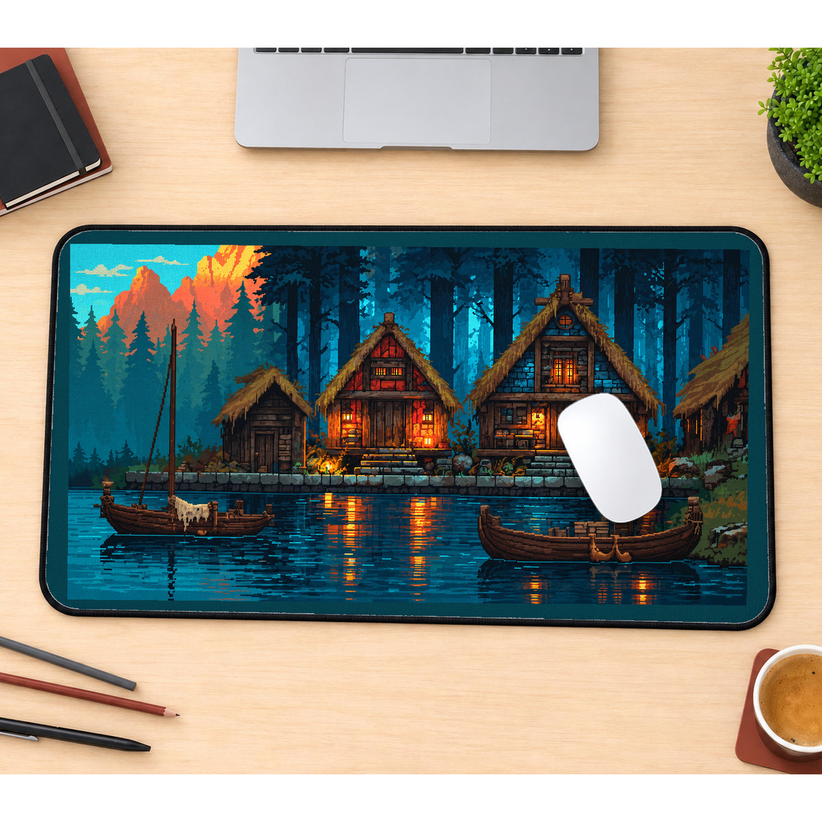 Forest Cabins beside Blue Water desk mat — product mockup 1