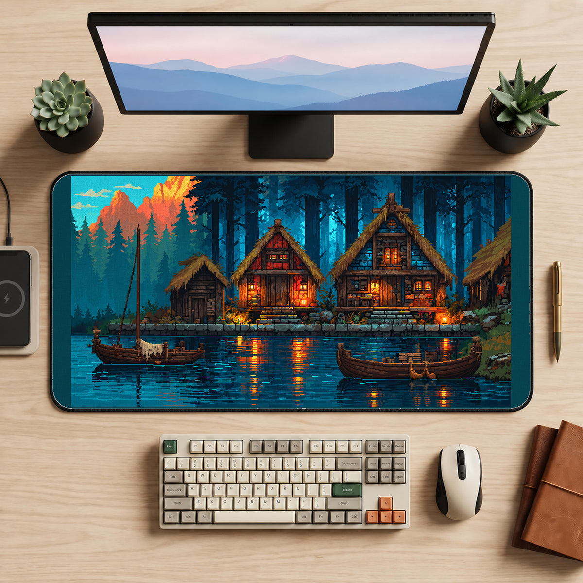 Forest Cabins beside Blue Water desk mat — product mockup 2