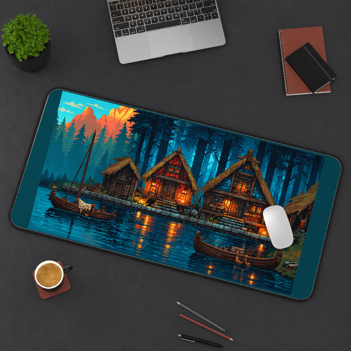 Forest Cabins beside Blue Water desk mat — product mockup 3