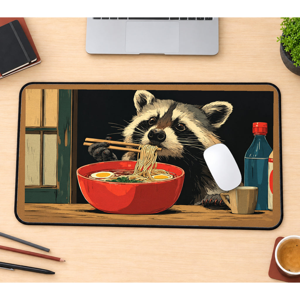 Raccoon Eating a Ramen Bowl desk mat — product mockup 1