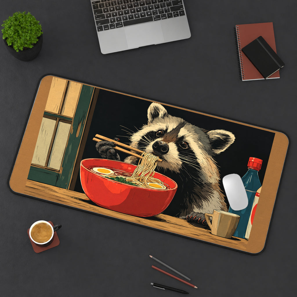 Raccoon Eating a Ramen Bowl desk mat — product mockup 3