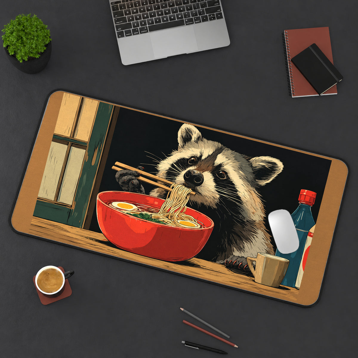 Raccoon Eating a Ramen Bowl desk mat — product mockup 3