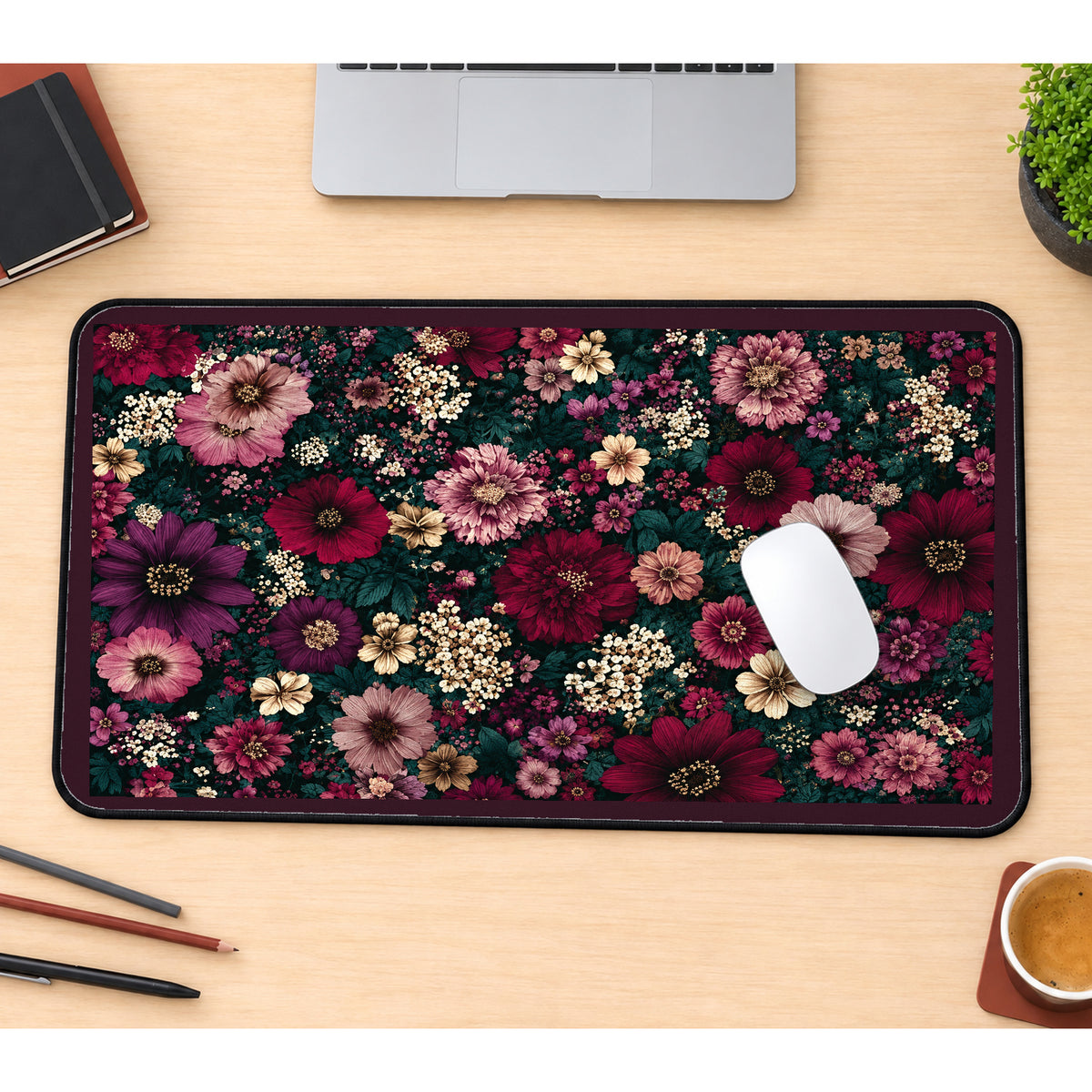 Burgundy Flowers on Dark Green desk mat — product mockup 1