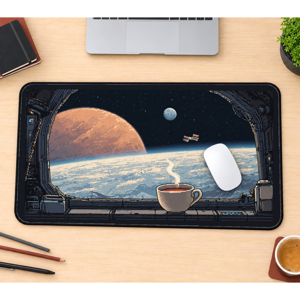 Coffee beside a Spacecraft Window desk mat — product mockup 1