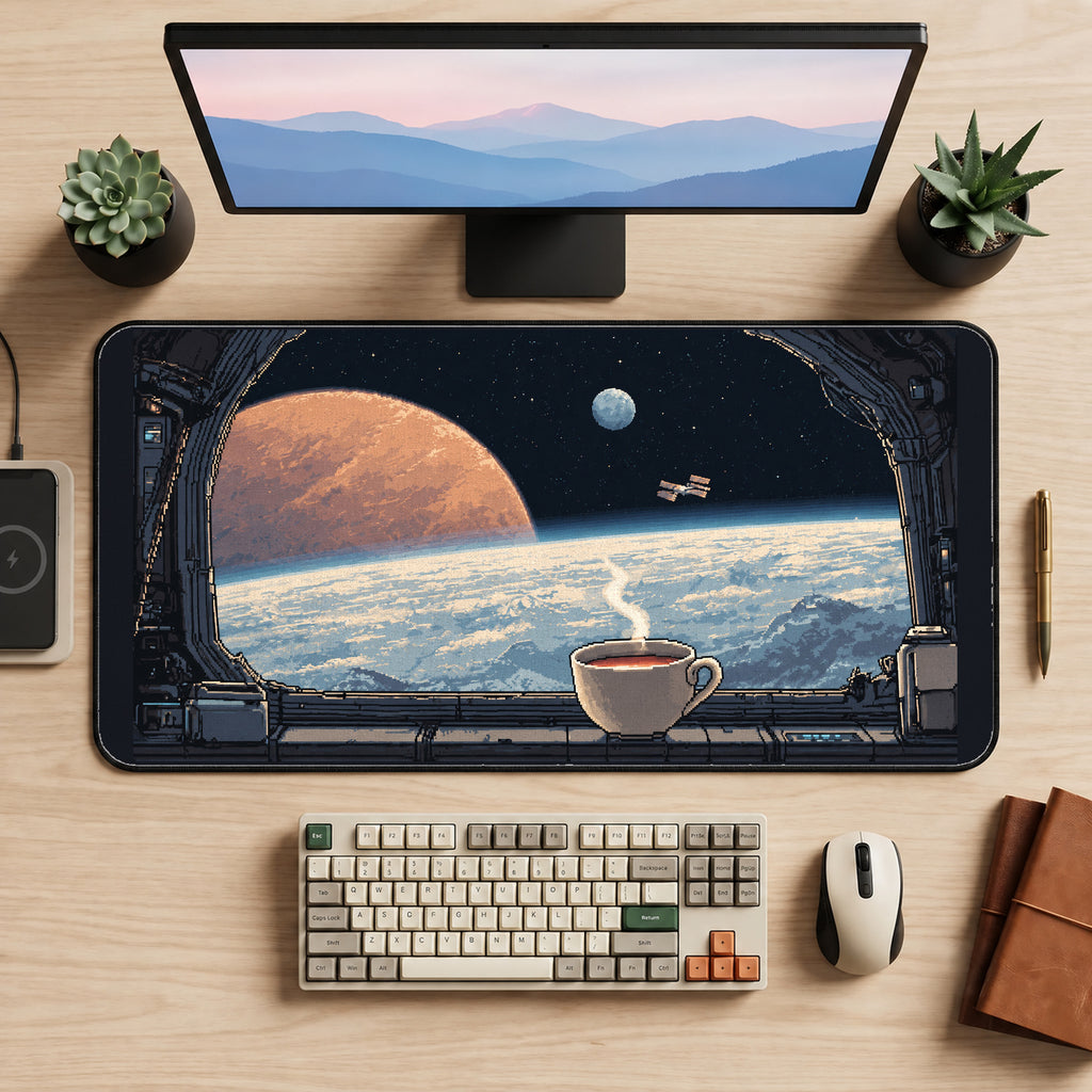 Coffee beside a Spacecraft Window desk mat — product mockup 2