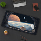 Coffee beside a Spacecraft Window desk mat — product mockup 3