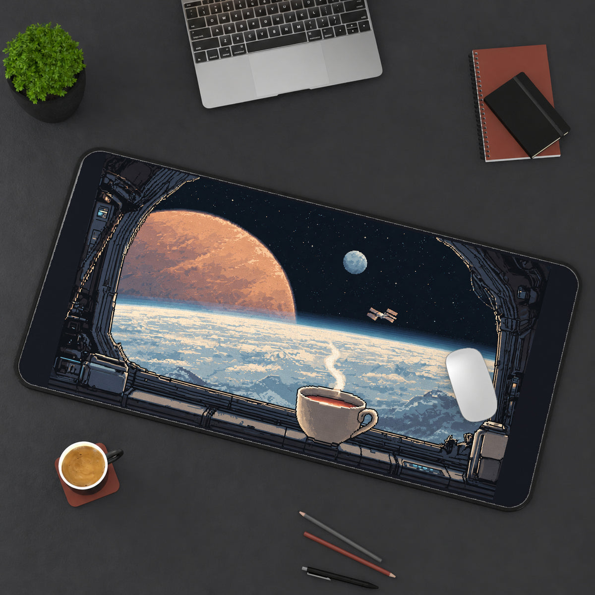 Coffee beside a Spacecraft Window desk mat — product mockup 3