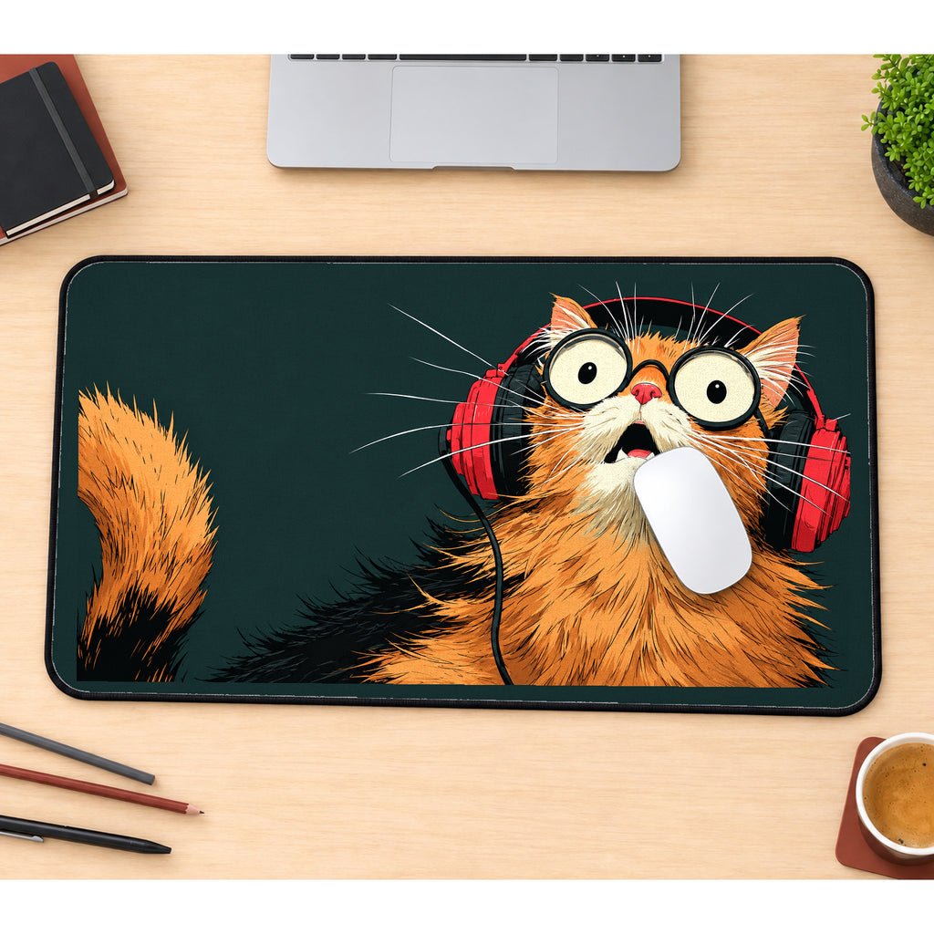 Surprised Cat in Red Headphones desk mat — product mockup 1