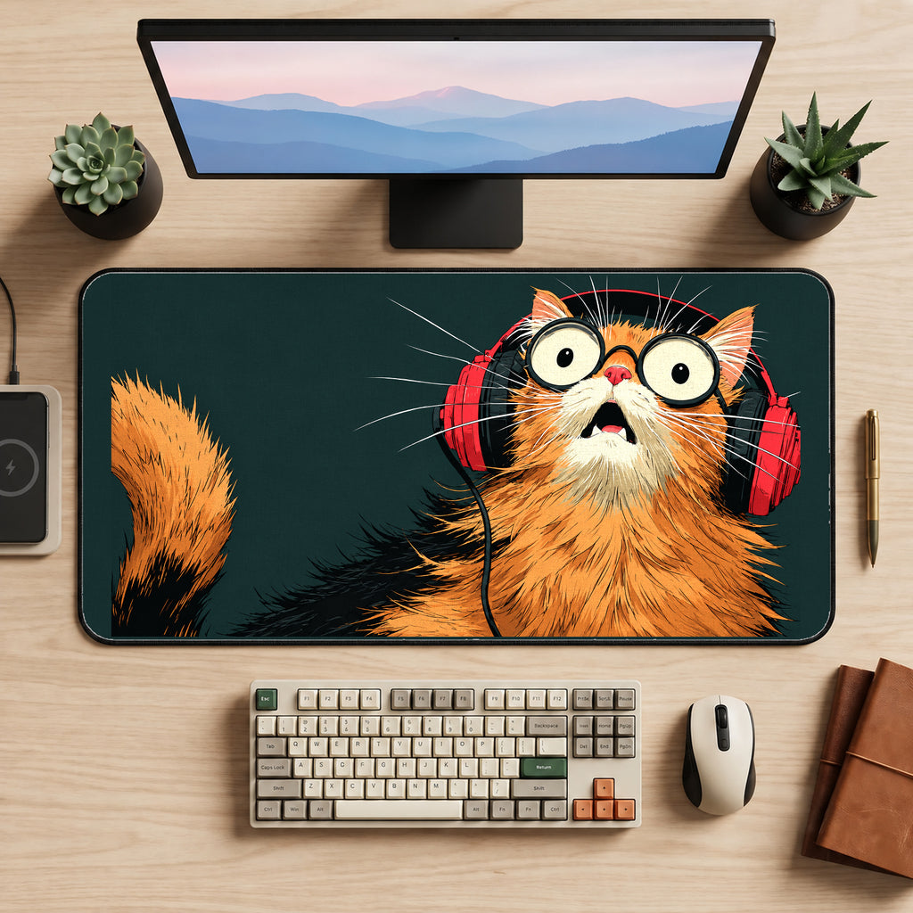 Surprised Cat in Red Headphones desk mat — product mockup 2