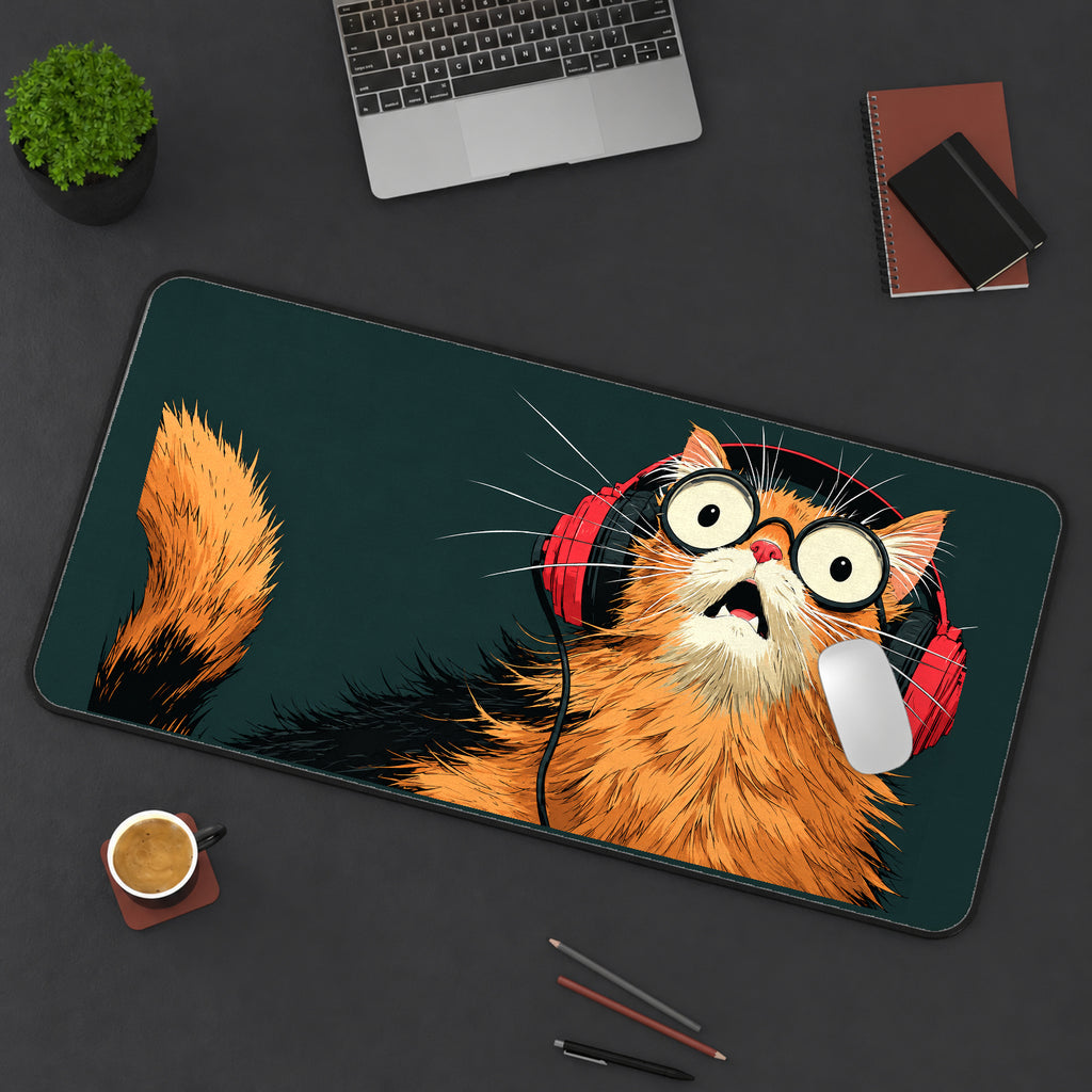 Surprised Cat in Red Headphones desk mat — product mockup 3