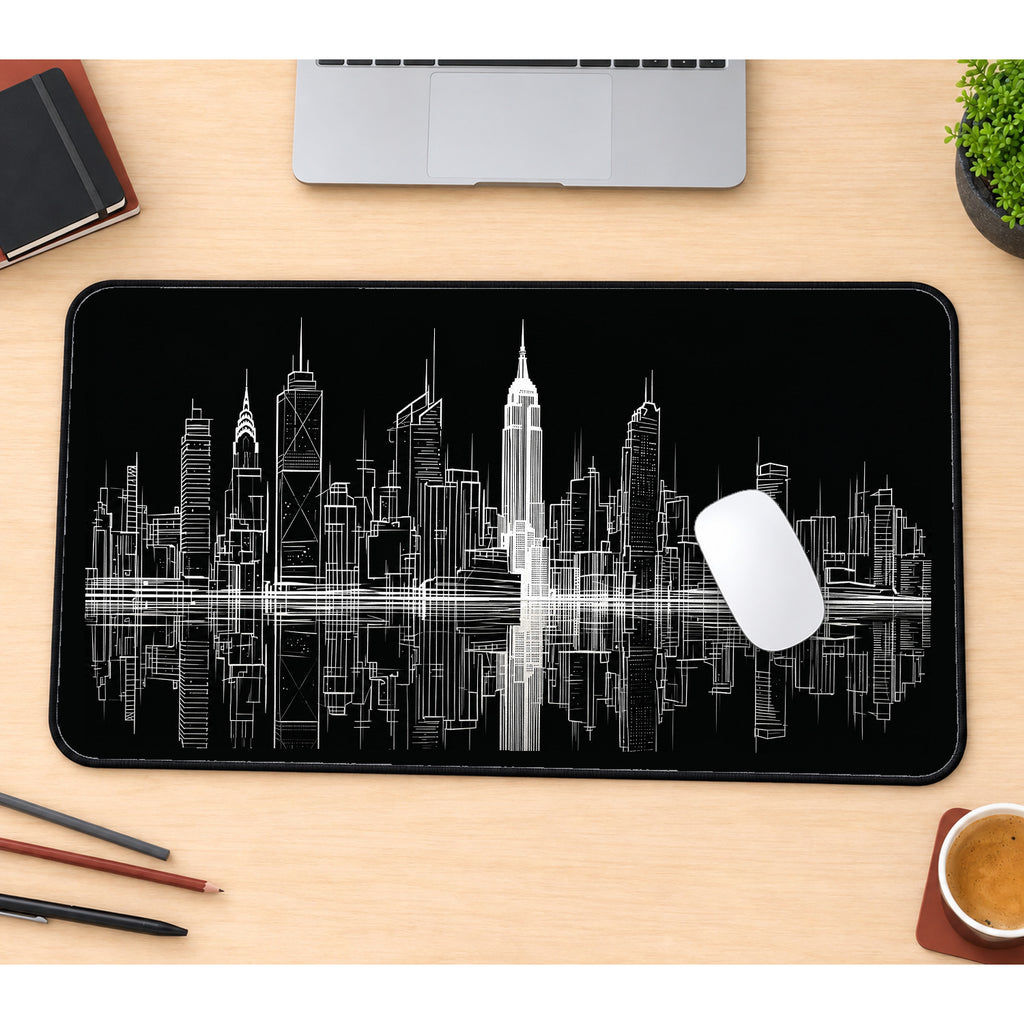 New York Skyline in White Lines desk mat — product mockup 1