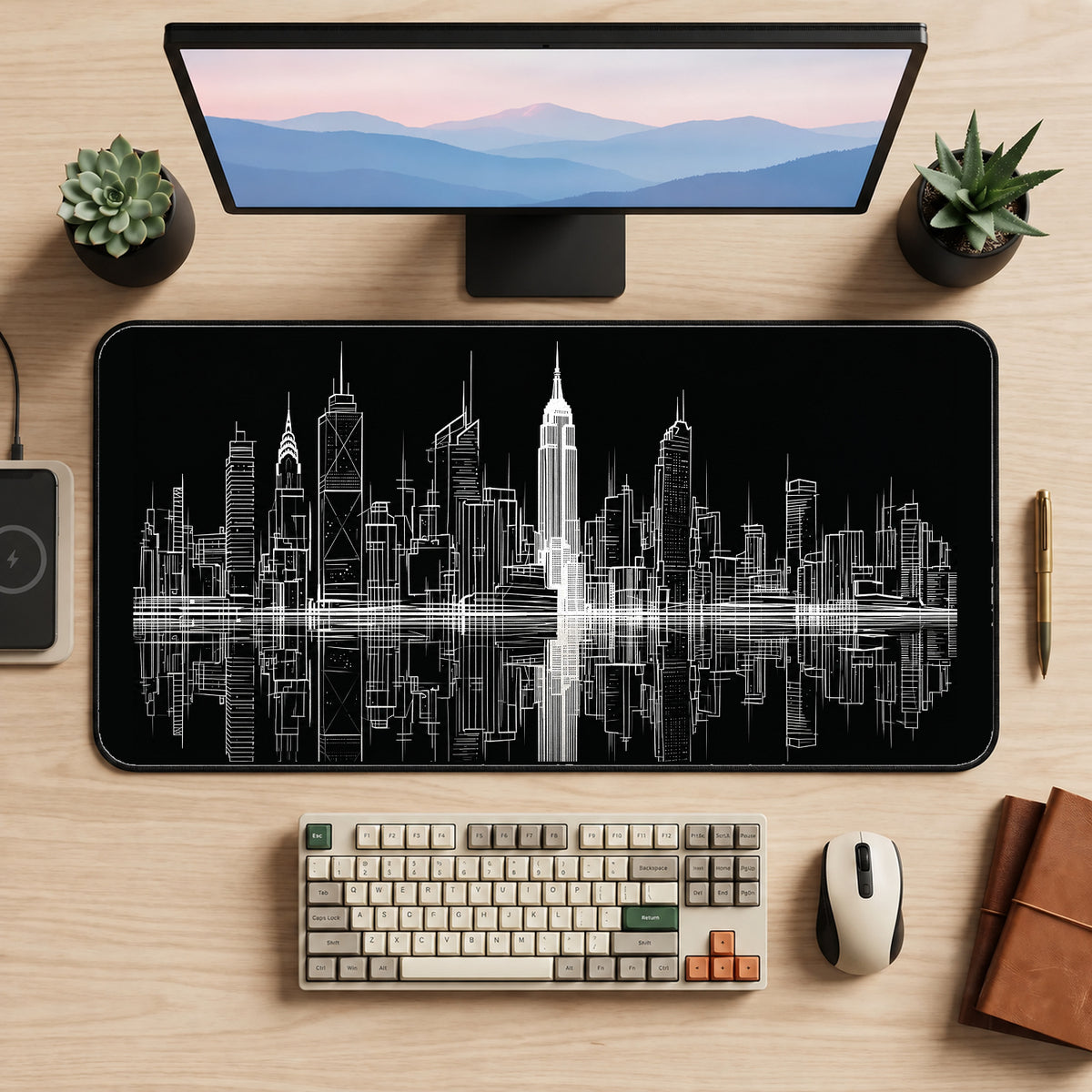 New York Skyline in White Lines desk mat — product mockup 2