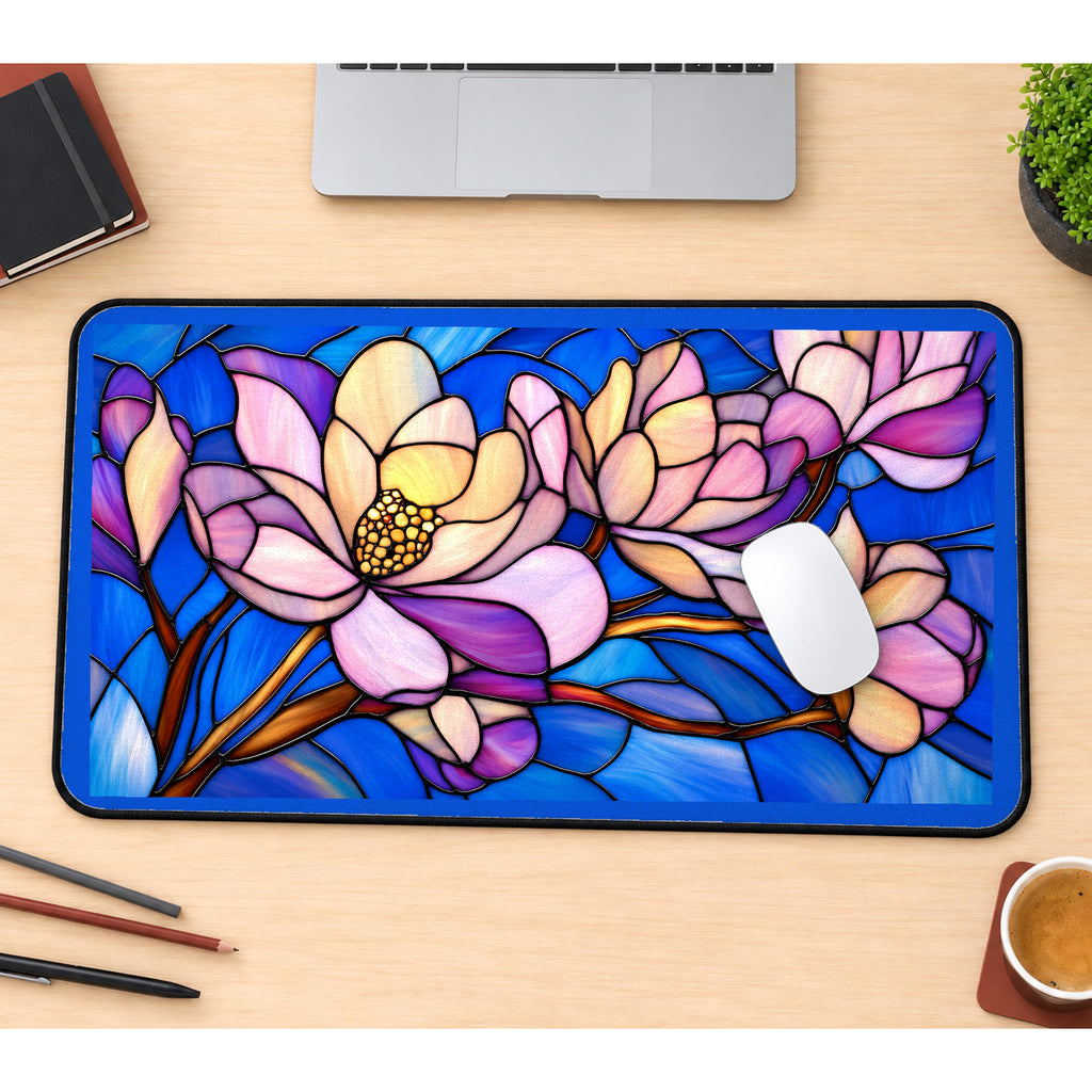 Pink Magnolias on Blue Glass desk mat — product mockup 1