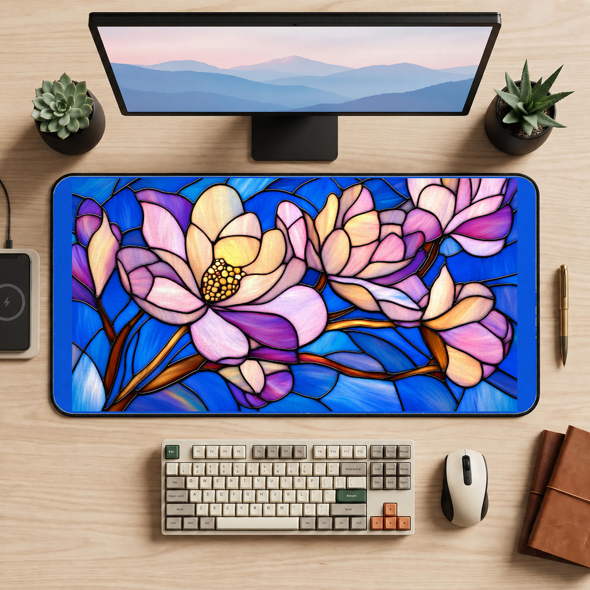 Pink Magnolias on Blue Glass desk mat — product mockup 2