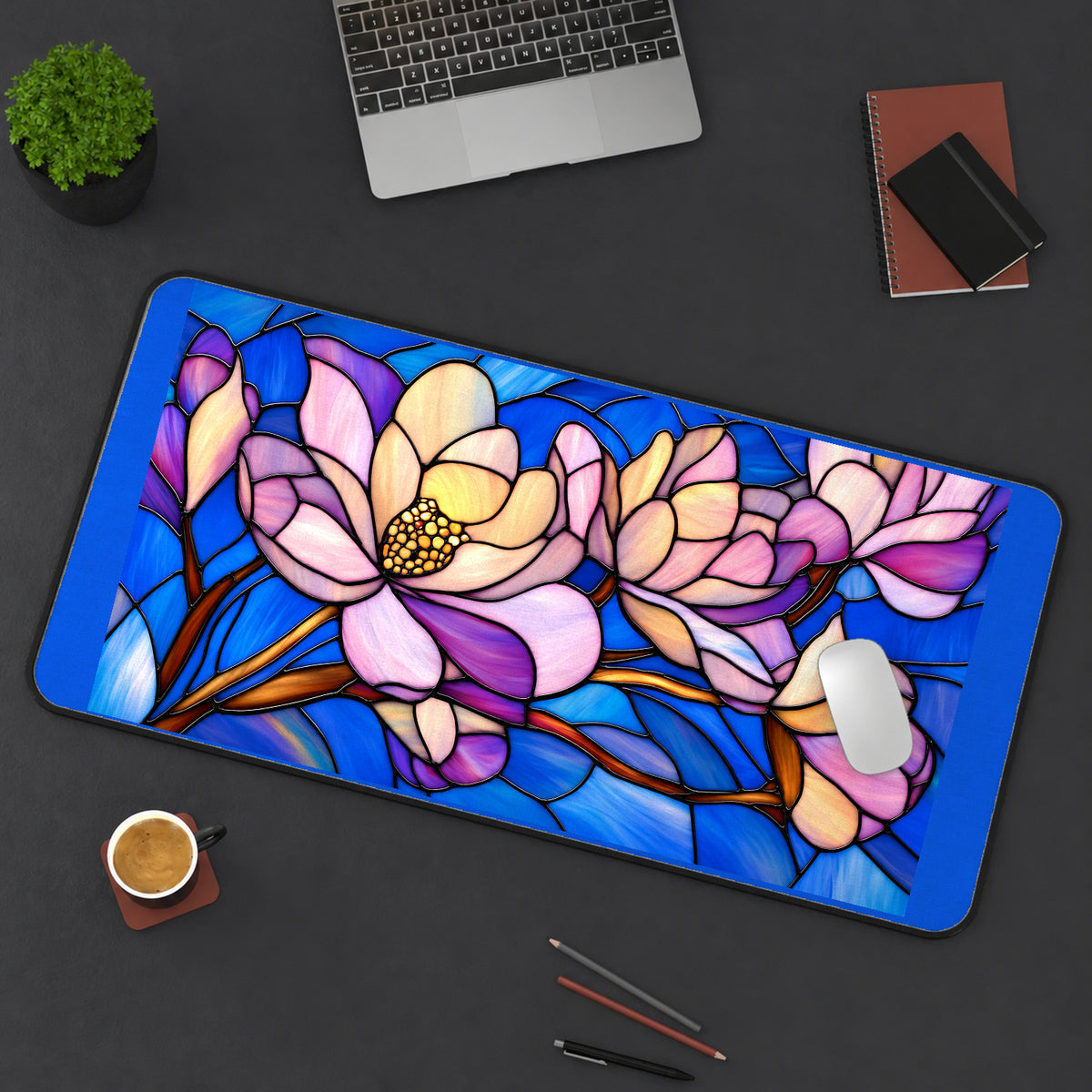 Pink Magnolias on Blue Glass desk mat — product mockup 3