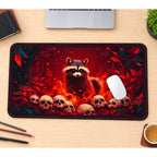 Raccoon among Burning Skulls desk mat — product mockup 1