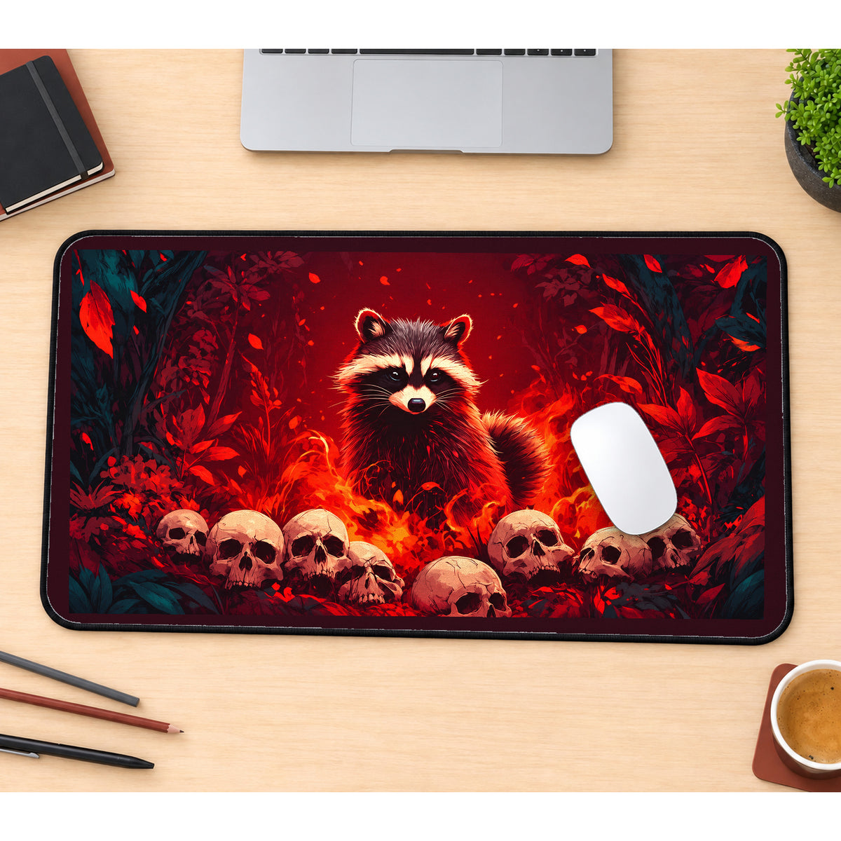 Raccoon among Burning Skulls desk mat — product mockup 1