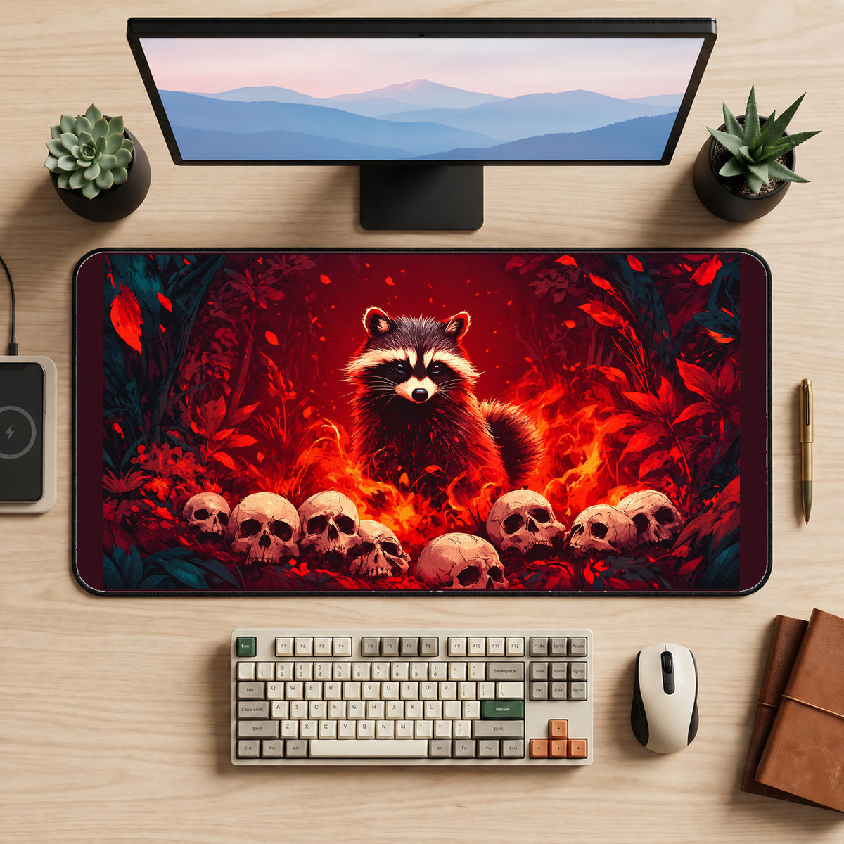 Raccoon among Burning Skulls desk mat — product mockup 2