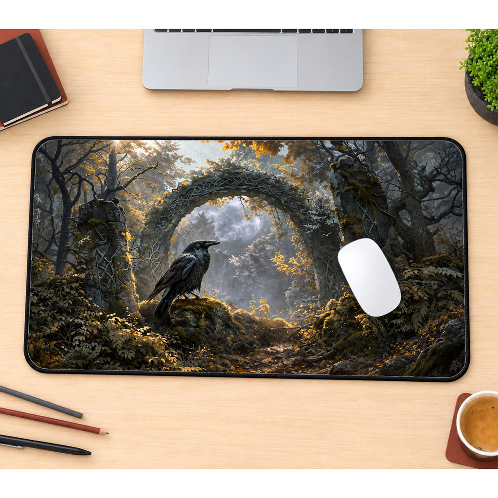 Raven at an Ancient Stone Arch Desk Mat — product mockup 1