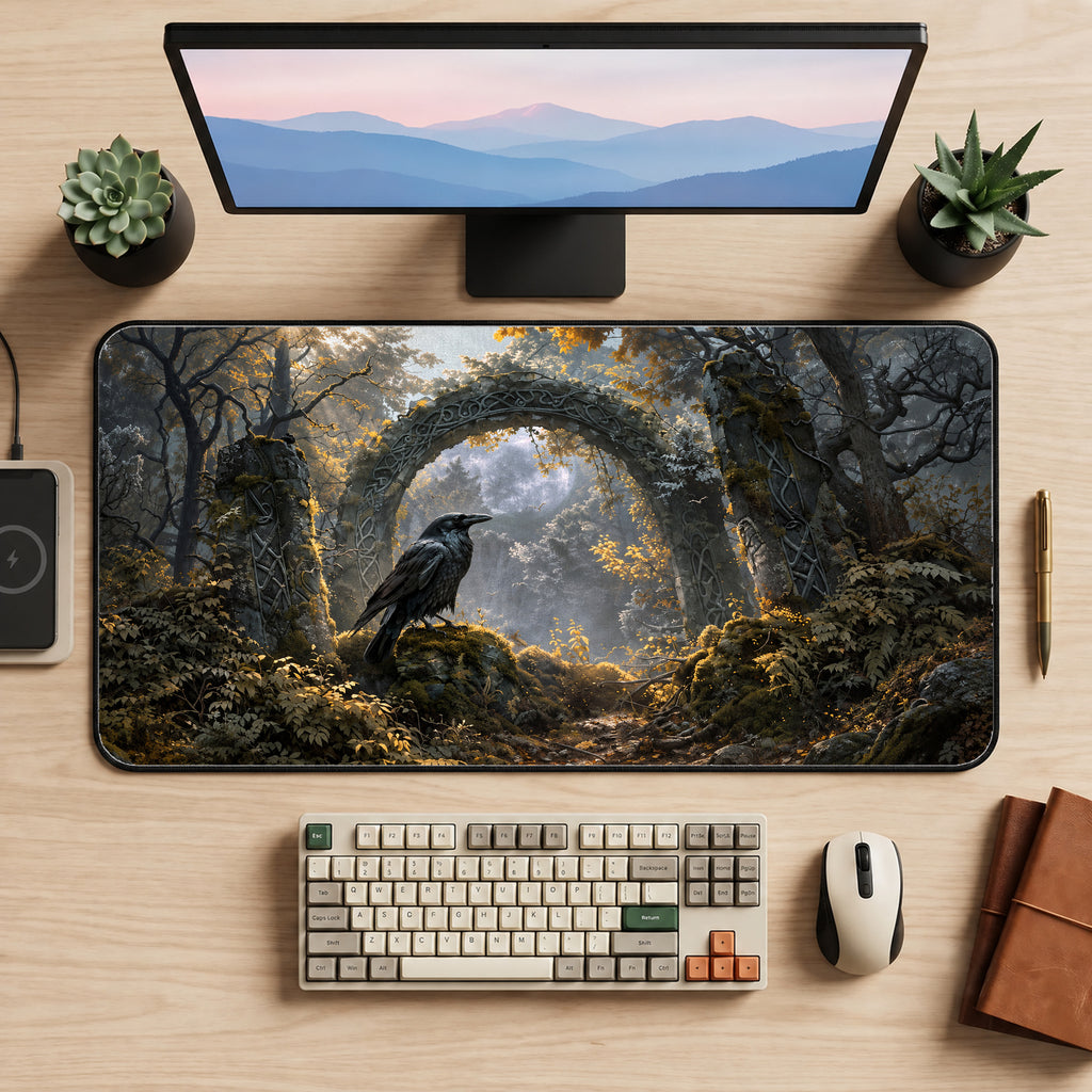 Raven at an Ancient Stone Arch Desk Mat — product mockup 2