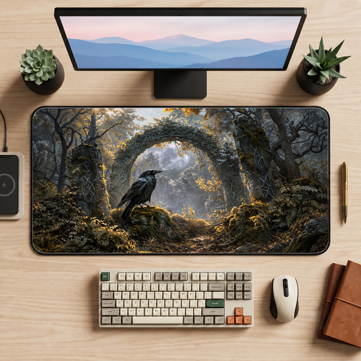 Raven at an Ancient Stone Arch Desk Mat — product mockup 2