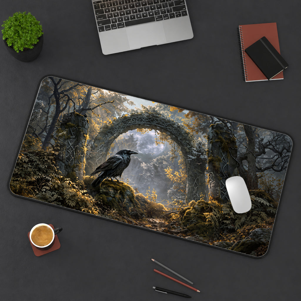 Raven at an Ancient Stone Arch Desk Mat — product mockup 3