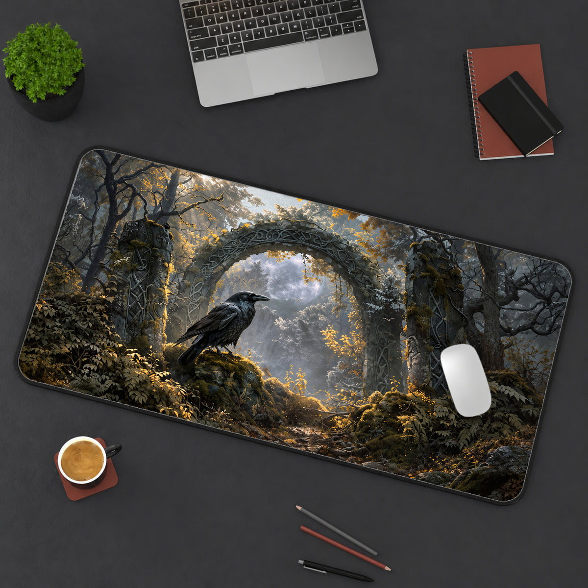 Raven at an Ancient Stone Arch Desk Mat — product mockup 3