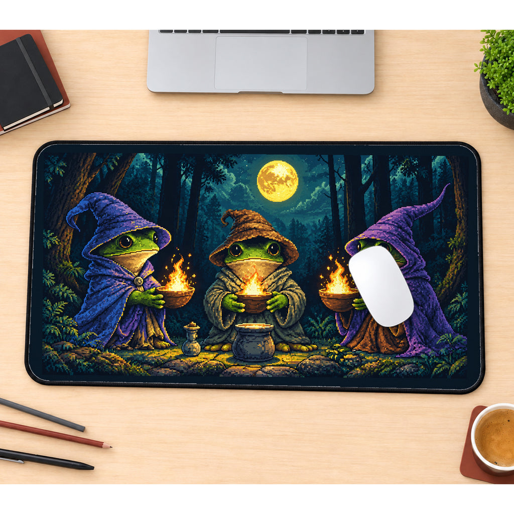Three Frog Wizards by Moonlight desk mat — product mockup 1