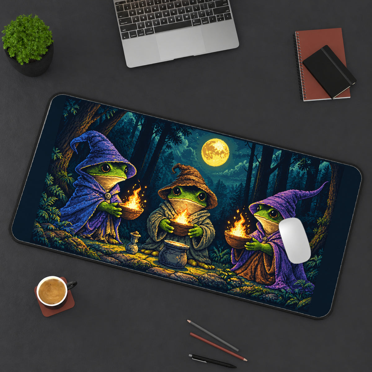 Three Frog Wizards by Moonlight desk mat — product mockup 3