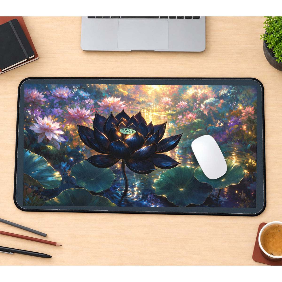Dark Lotus in a Glowing Pond desk mat — product mockup 1