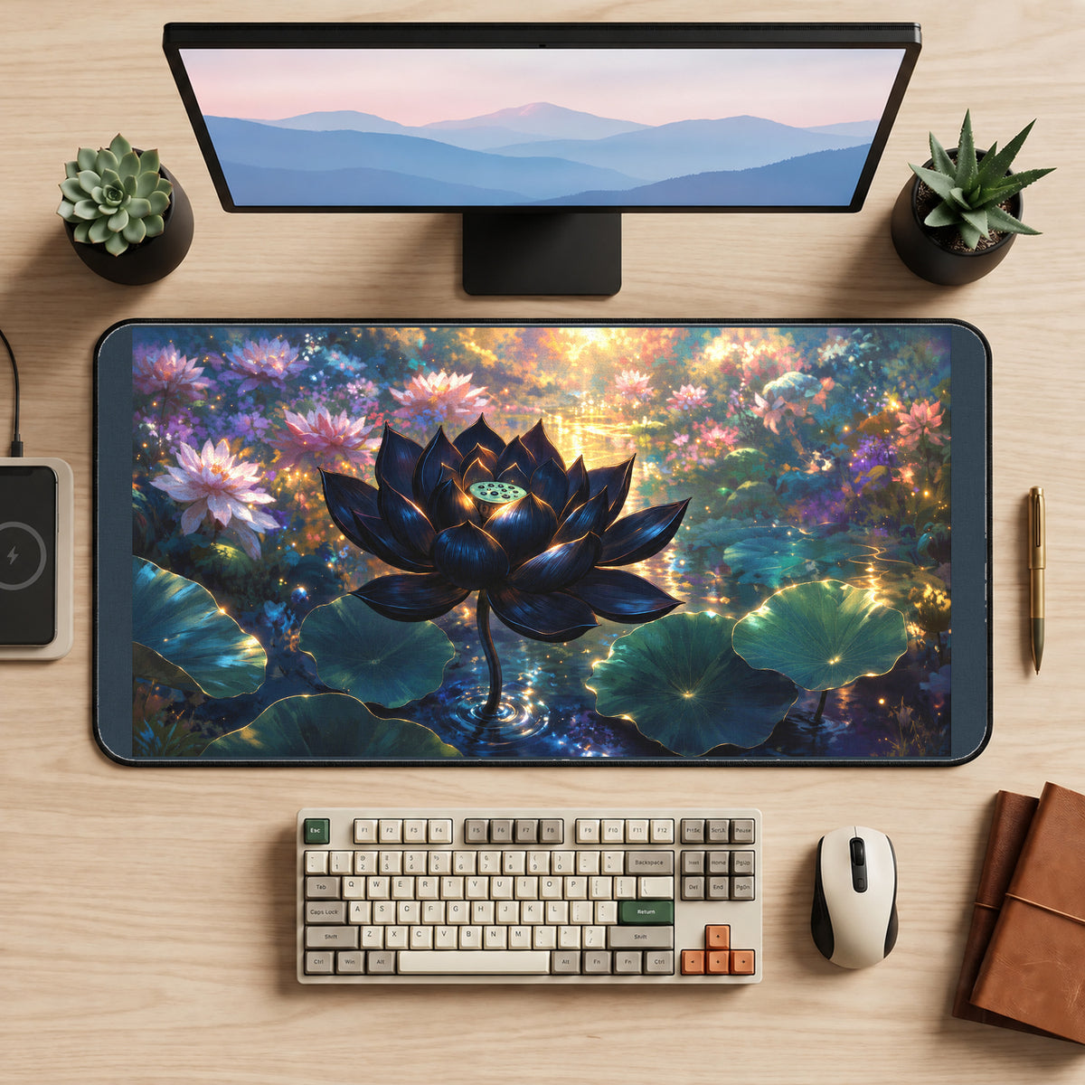 Dark Lotus in a Glowing Pond desk mat — product mockup 2
