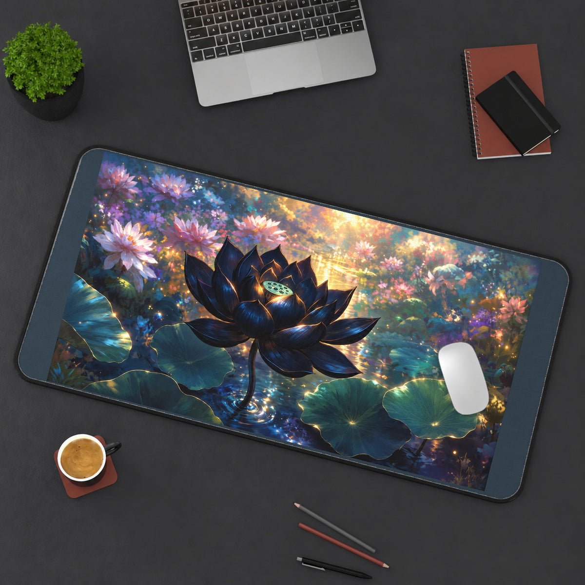 Dark Lotus in a Glowing Pond desk mat — product mockup 3