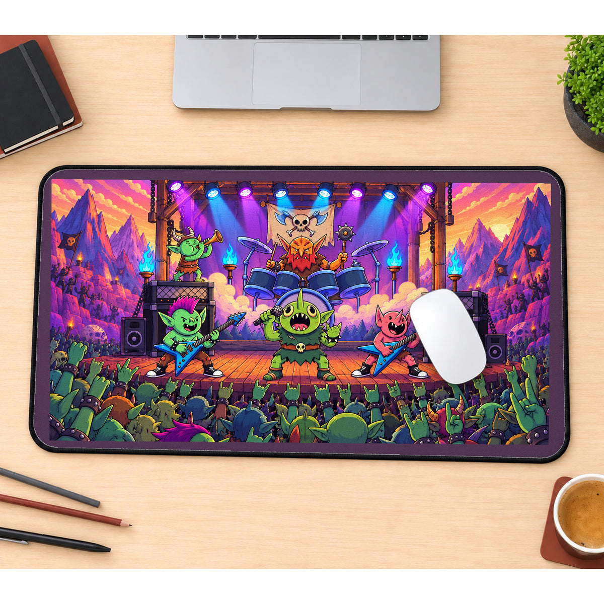 Goblin Rock Band on Stage desk mat — product mockup 1