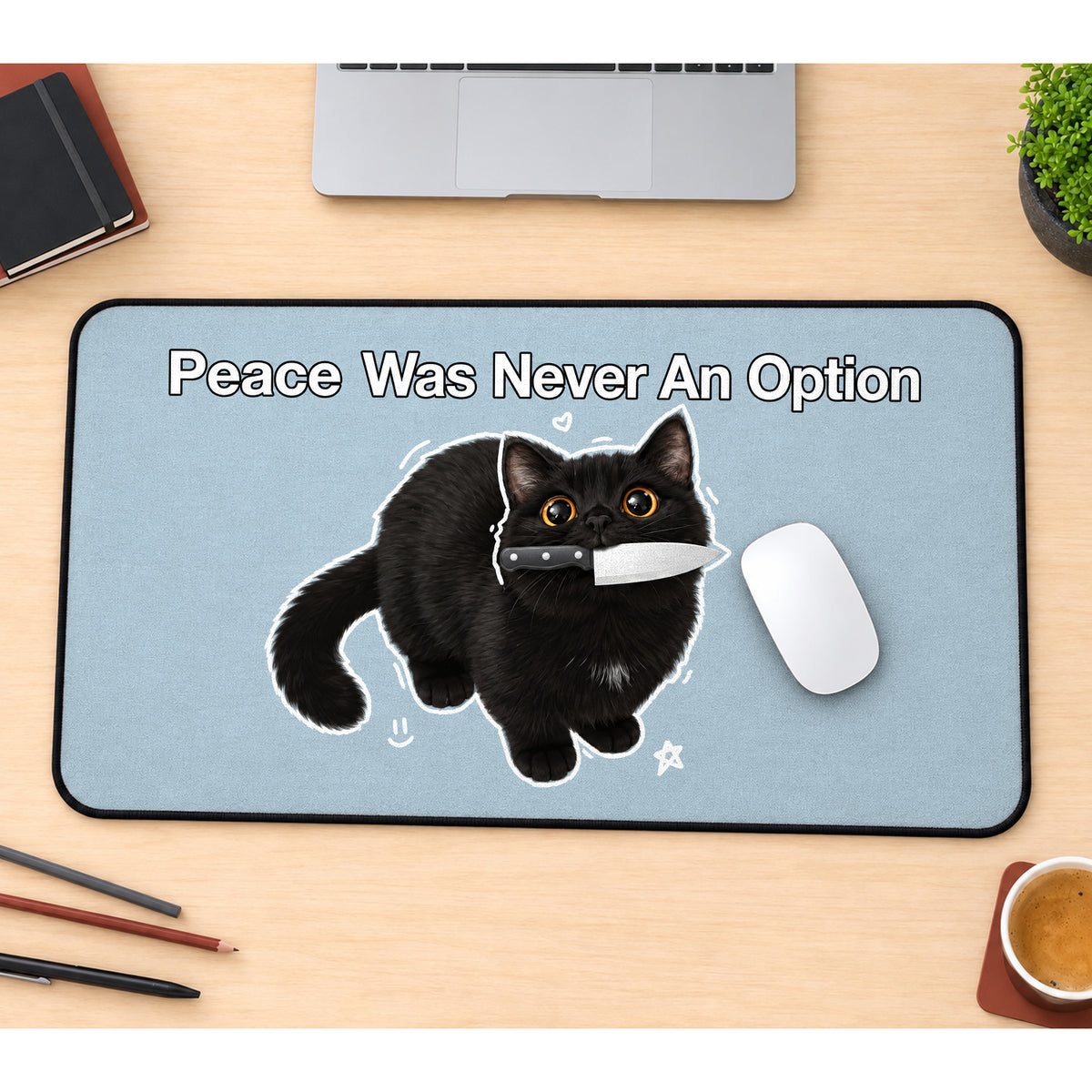 Black Cat with a Tiny Knife desk mat — product mockup 1