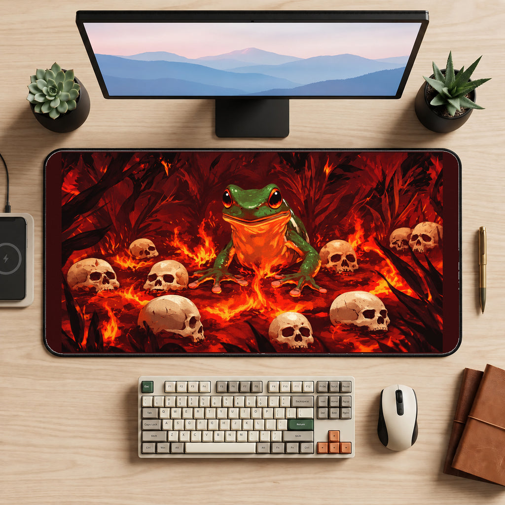 Red Eyed Frog in a Fiery Forest desk mat — product mockup 2