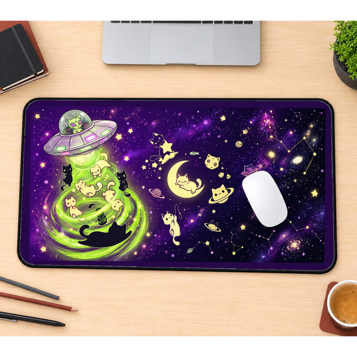 Cats in a Lime Green UFO Beam desk mat — product mockup 1
