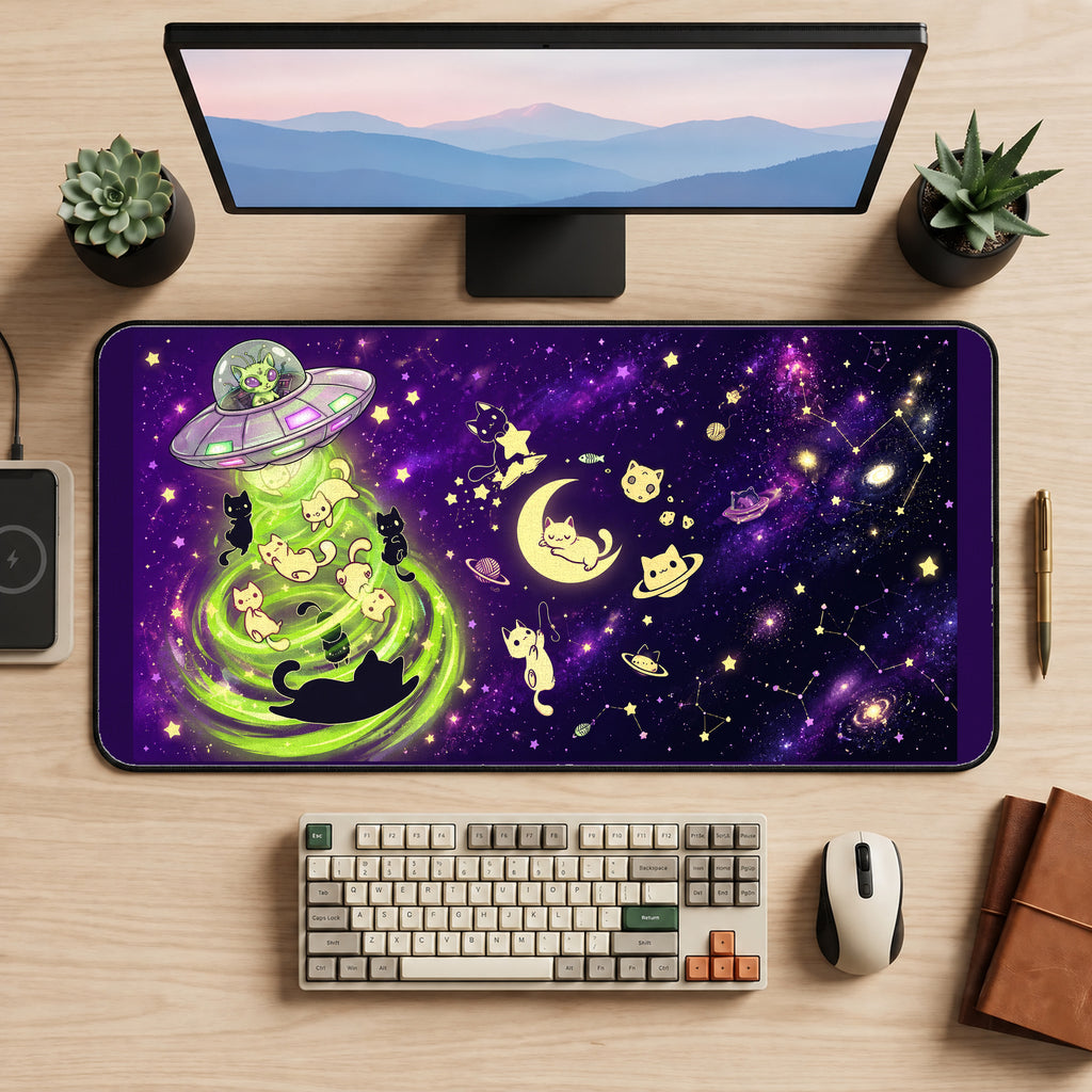 Cats in a Lime Green UFO Beam desk mat — product mockup 2