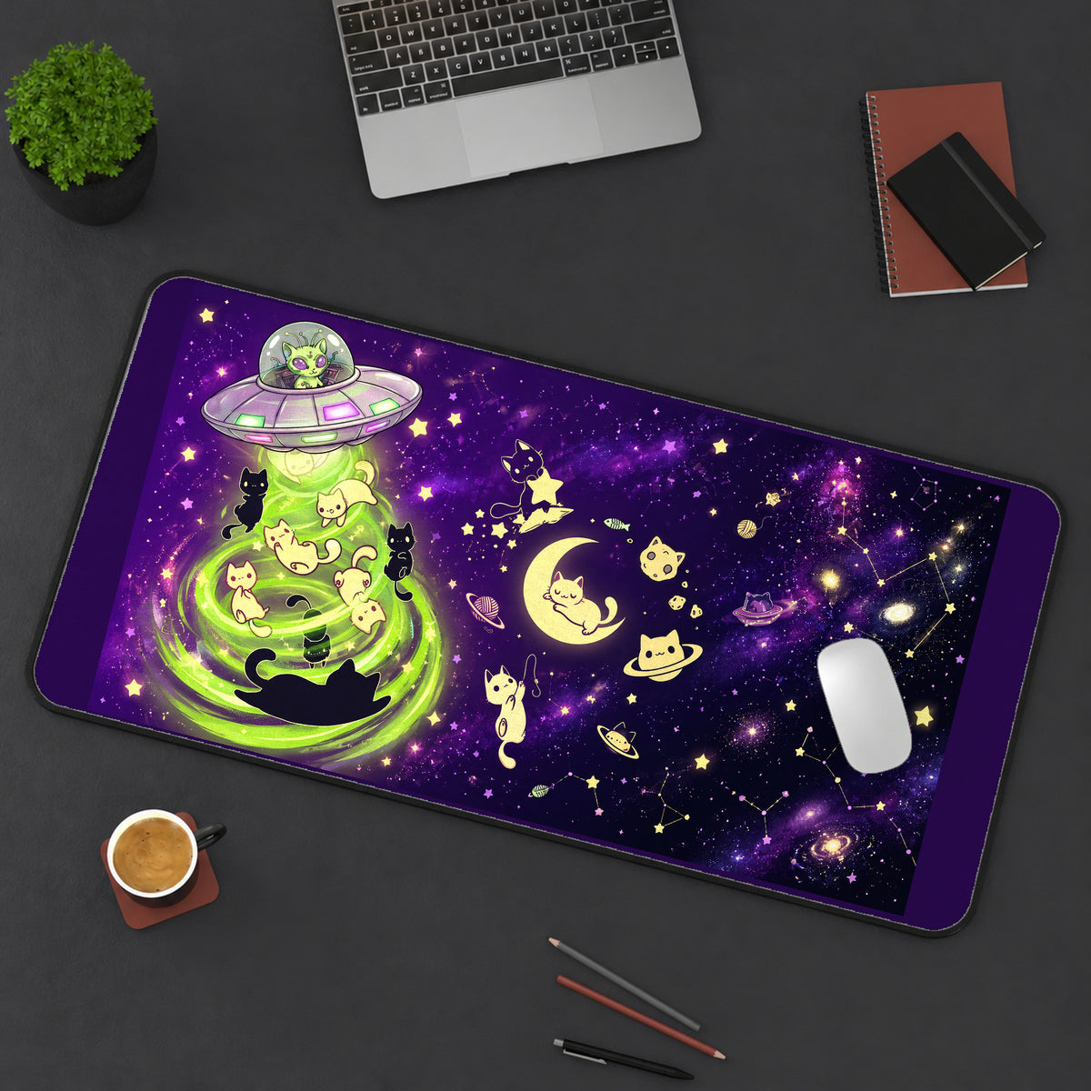 Cats in a Lime Green UFO Beam desk mat — product mockup 3