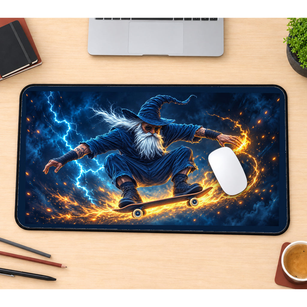 Lightning Wizard on a Skateboard desk mat — product mockup 1