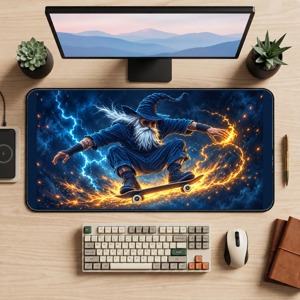Lightning Wizard on a Skateboard desk mat — product mockup 2