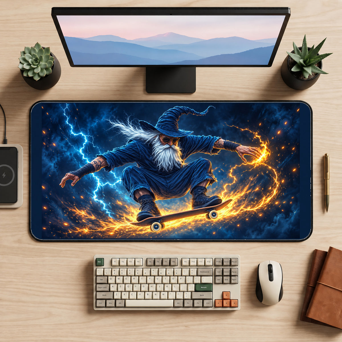Lightning Wizard on a Skateboard desk mat — product mockup 2