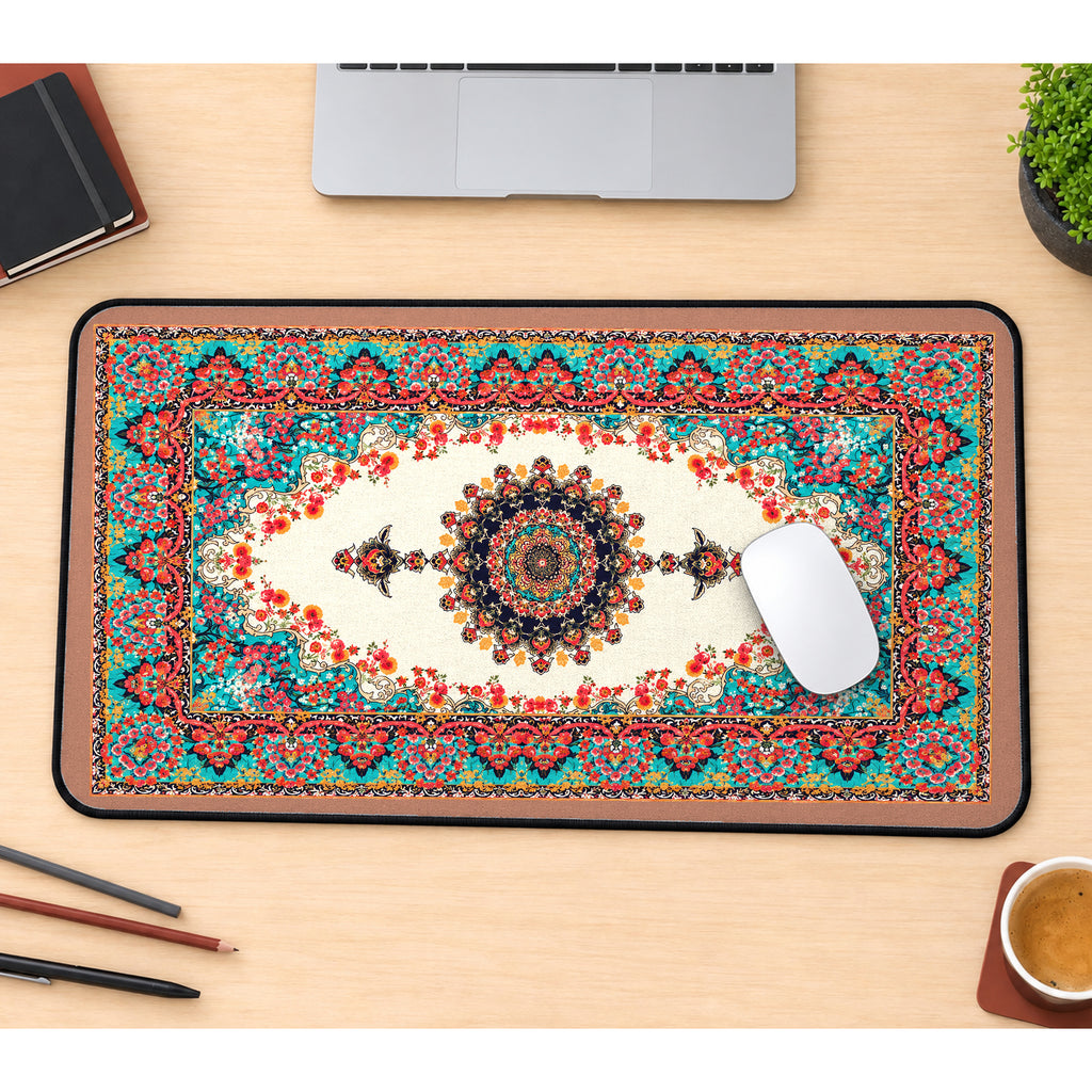 Cream Medallion with Teal Floral Border desk mat — product mockup 1