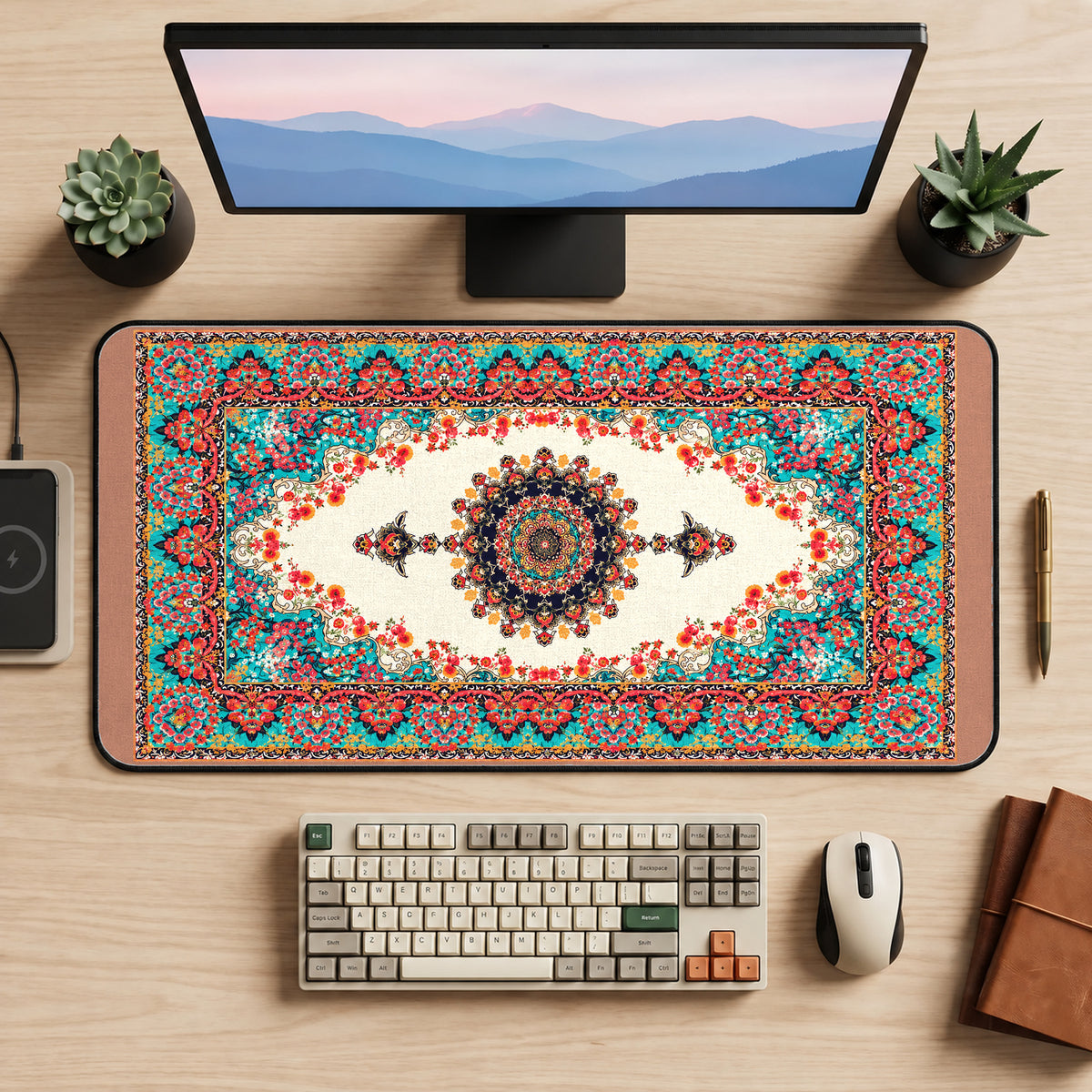 Cream Medallion with Teal Floral Border desk mat — product mockup 2